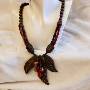 Vintage Wooden Leaf & Beaded Statement Necklace, 22 inches